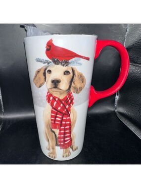 NIB Evergreen Ceramic Travel Cup 17oz Christmas Dog Cardinal White Red